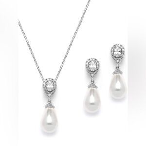 NWT Mariell CZ Faux Pearl Teardrop 16-18" Necklace Earrings Set white gold tone